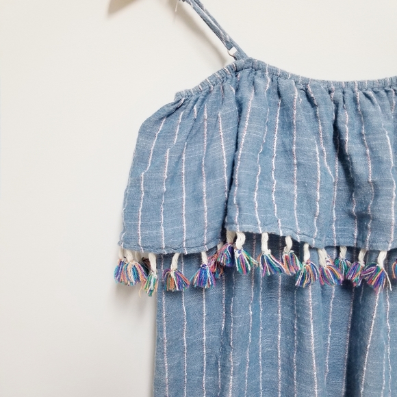 Listicle off shoulder boho fringe blue stripe top - Picture 5 of 5